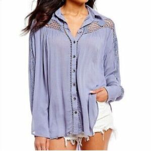 Free People Shirt Katie Bird Crochet Long Sleeve Button Up Periwinkle Blue Small